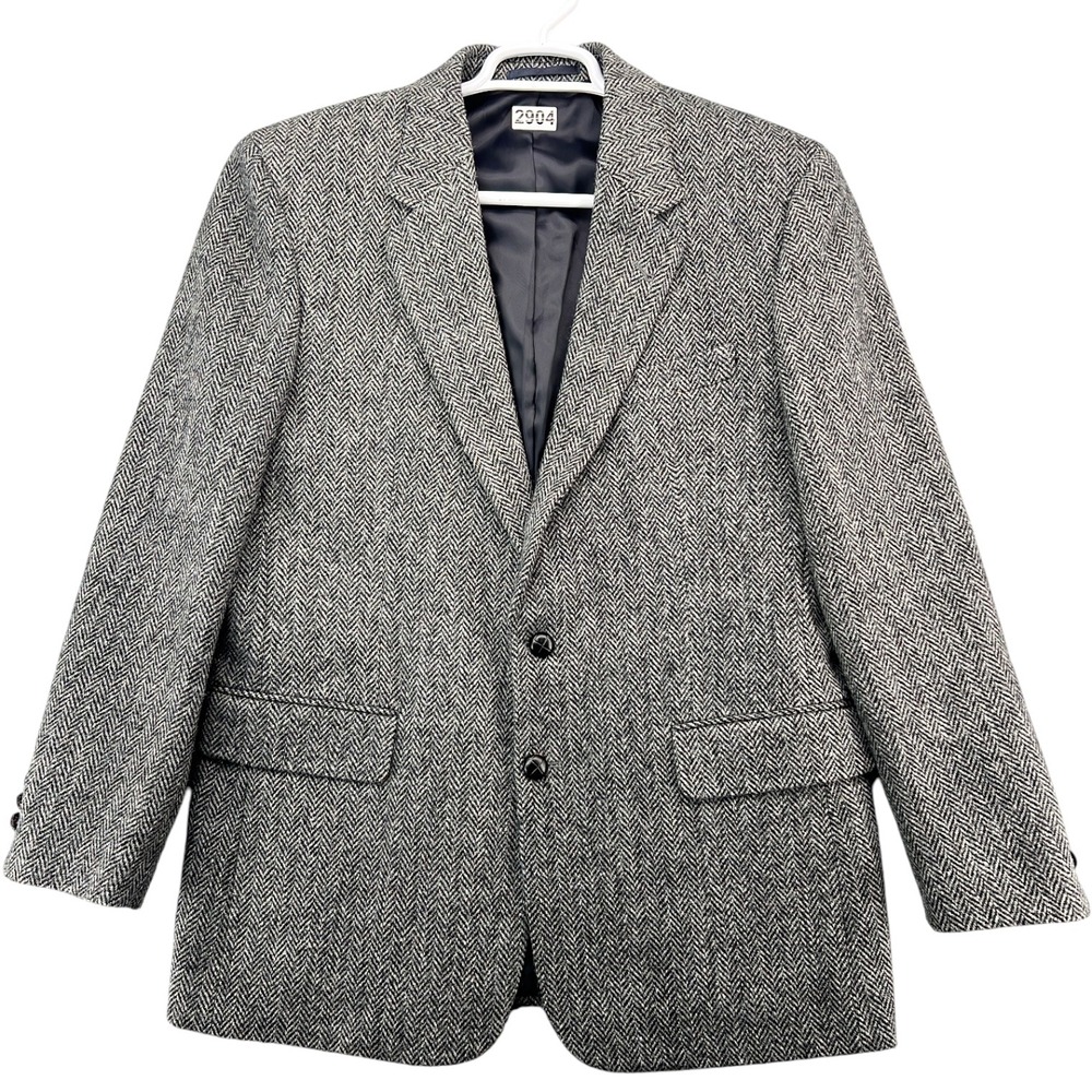Harris Tweed Mens 40R Wool Blazer Grey Herringbone Sport Coat Hand Woven 40 Reg